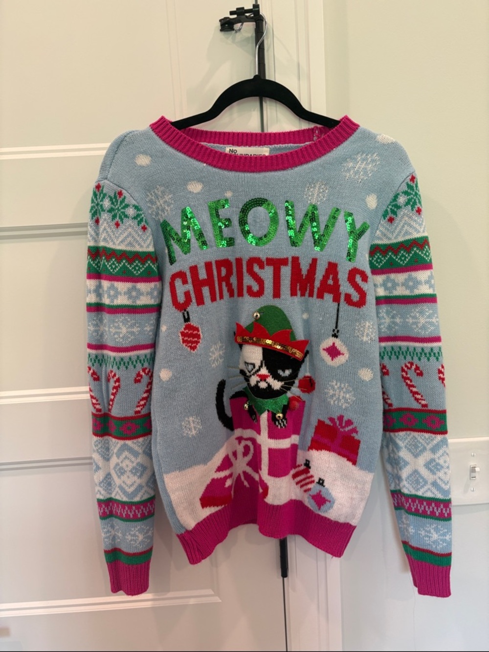 No Boundaries Light Blue & Hot Pink 'Meowy Christmas' Sweater